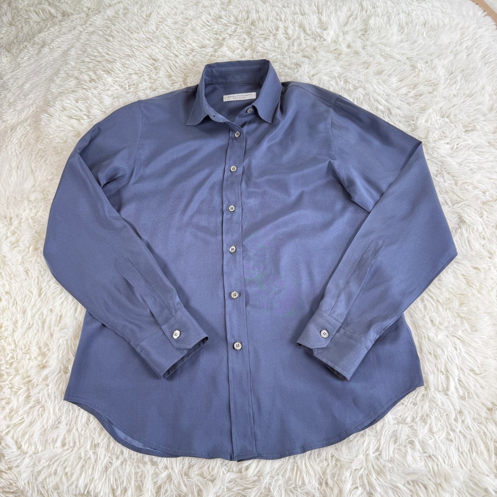 Amina Rubinacci Navy Blue Silk Button Down Shirt Italian Size 44 M Quiet Luxury